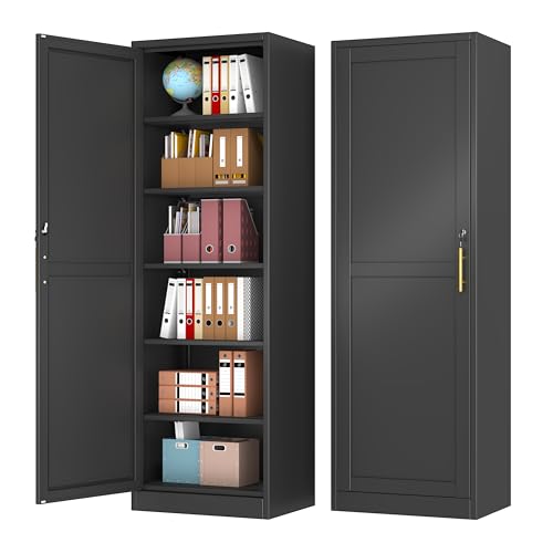 Lusiwry Tall Narrow Slim Metal Storage Cabinet with Lock and 5 Adjustable Shelves Steel File Cabinets Kitchen Pantry Cabinet Locker Organizer - 67 Storage Cabinets for Bathroom Bedroom Office Black
