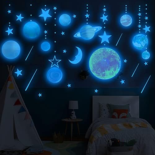 Blue Glow in The Dark Solar System Wall Decals,158 pcs Ceiling Light Stars and Moon Decoration, Planet Decor for Kids Boys Bedroom, Starry Sky Stickers for Nursery