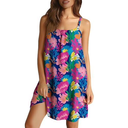 Vibrant Floral Print Spaghetti Strap Mini Dress Artistic Colorful Flower Pattern A Line Loose Fit Casual Summer Beach Sundress with Pockets for Women's Vacation Dress Purple Yellow White 3X-Large