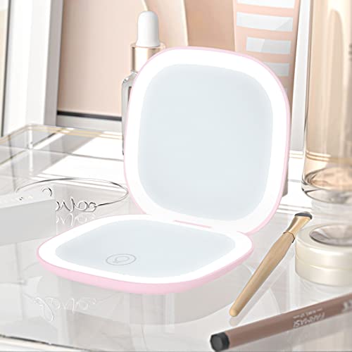 Yuearn Compact Mirror With Light, 2-Sided Lighted Compact Travel Makeup Mirror With 5X Magnification & Dimmable Brightness, 3 Lighting Modes Pocket Mirror With Type-C Rechargeable (5X Pink) #TOP4