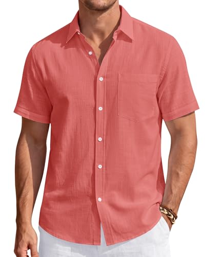 Image of J.VER Mens Linen Shirt Short Sleeve Button Down Casual Summer Shirts | Cotton Linen, Untucked, Big Tall, from Beach Camp Vacation, Cruise Fishing, Work Office, to Wedding Party Family, with Pocket