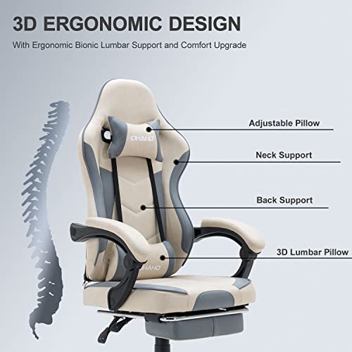 Ohaho Gaming Chair Racing Style Office Chair Adjustable Massage Lumbar Cushion Swivel Rocker Recliner Leather High Back Ergonomic Computer Desk Chair With Footrest (Beige) #TOP5