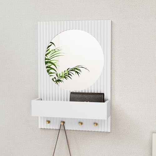 ARTPOWER Wood Wall Mirror with Shelf&Hooks, 24"x16" White Wall-Mounted Mirrors