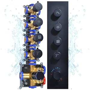 4 Way Shower Diverter Valve, 4 Functions Thermostatic Mixer Valve for Bathroom Shower System, Shower Valve Kit Replacement Can Use All Options At a Time, Matte Black
