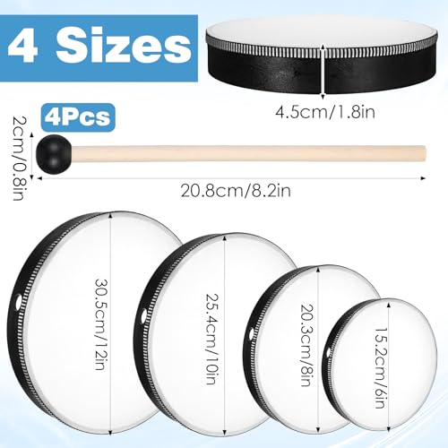 4 Pack Hand Drum Set, 6-12 Inch Wood Frame Percussion Instruments with Sticks for Beginners, Home Party Supplies - Thumbnail 2