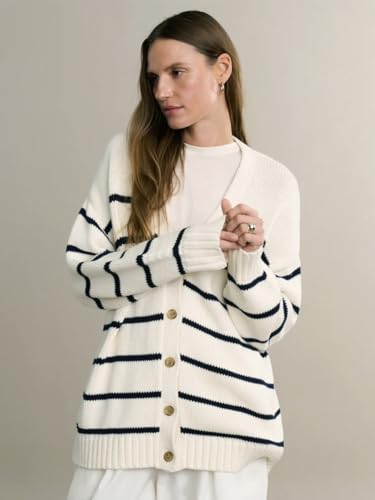 utcoco Women's Striped V Neck Knit Cardigan Baggy Cotton Sweater Timeless & Oversized Fashion Ourwear3