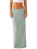 Women Y2k Sequin Long Skirt Sparkly Beaded Floral Maxi Skirt Rhinestone Glitter Midi Skirt Streetwear (A Mint, S)