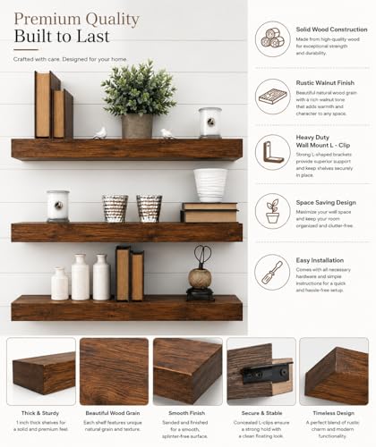 Image of Genuine Decor Solid Sheesham Wood Floating Shelves for Wall, Set of 3 (27 Inch) - Rustic Wall Mounted Ledge Shelf with Gloss Finish for Living Room, Bedroom, Bathroom & Kitchen Decor
