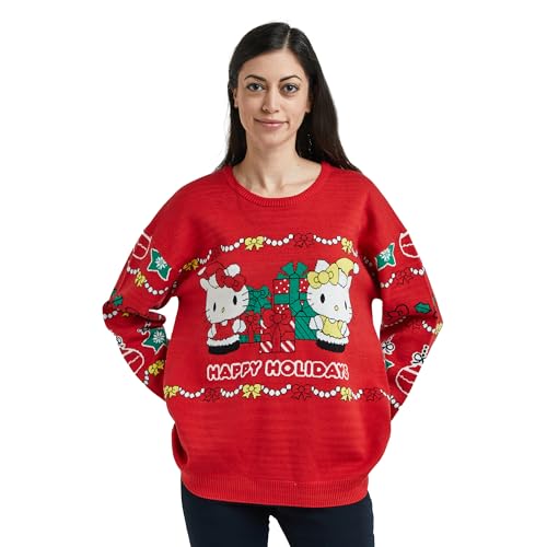 Hello Kitty & Mimmy Happy Holidays Women's Red Crew Neck Long Sleeve Oversized Sweater XXL