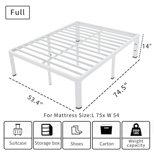 ROIL 14 Inch White Full Size Bed Frame with Rounded Corner and Headboard Hole Mattress Retainers 3500LBS Heavy Duty Steel Slats No Box Spring Needed Platform Noise-Free Easy Assembly