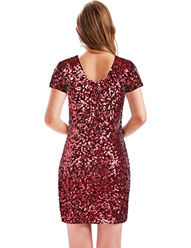 Image of MANER Women's Sequin Glitter Short Sleeve Dress Sexy V Neck Mini Party Club Bodycon Dresses