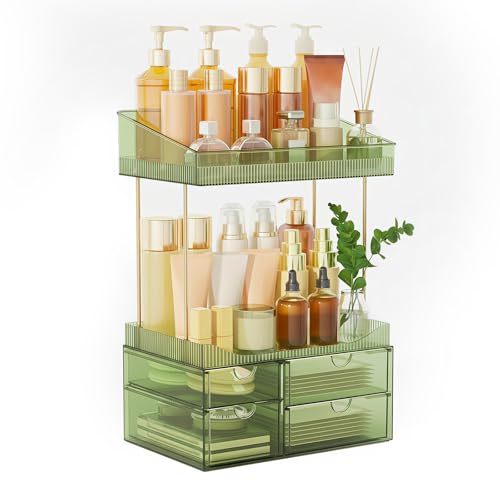 SNSLXH 4 Drawers Makeup Organizer - 4 Tier Makeup Storage, Cosmetics Organiser, Ideal for Cosmetic, 4 Dividers with Drawers for Countertop, Bathroom, Office Supplies, Dresser Transparent Green