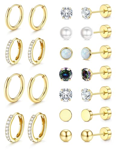 Image of Shining Diva Fashion 12 Pairs Anti Tarnish Earrings Combo Set | 14K Gold Plated | Hypoallergenic Stainless Steel Earring for Sensitive Ears | Flat Back Stud Hoop Cartilage Earring for Multiple Piercing