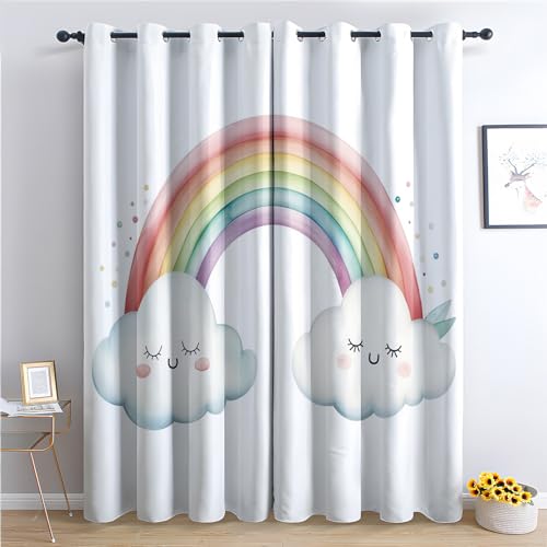 Rideau Occultant Enfant Fille, Rideau Isolant Thermique pour Salon Chambre, Rideaux Motif Nuage Arc en Ciel, Rideau Opaque à Oeillets, Lot de 2 Rideaux et Draperies Intérieur 140x180cm LxH (IQ-&4)