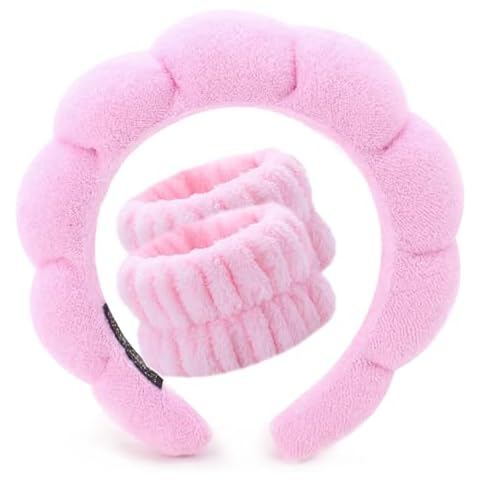 VNIHTT Premium Spa Headband & Wristband Set for Women -Absorbent, Soft & Comfortable - Perfect for Skincare, Makeup, Yoga - Cute Pink Hair Accessory - Great Gift Idea Cover