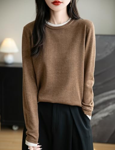 Women's Merino Wool Blend Sweater Fall Winter Fake Two Piece Color Block Shirt Crewneck Long Sleeve Knit Pullover2