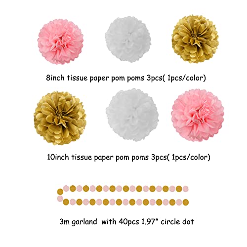 Image of Pink-White Gold Girl Birthday Party-Decorations - 23pcs Kits Tissue Paper Pom Poms Streamers,Princess Banner Flags,Bachelorette Baby Bridal Shower Engagement Decoration Tassel Garland Lasting Surprise