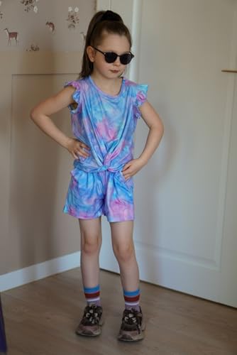 Image of Arshiner Girls Shorts Sets 2 Pieces Outfits Twist Front Ruffle Sleeve T-Shirts and Shorts With Pockets Cute Clothes Sets