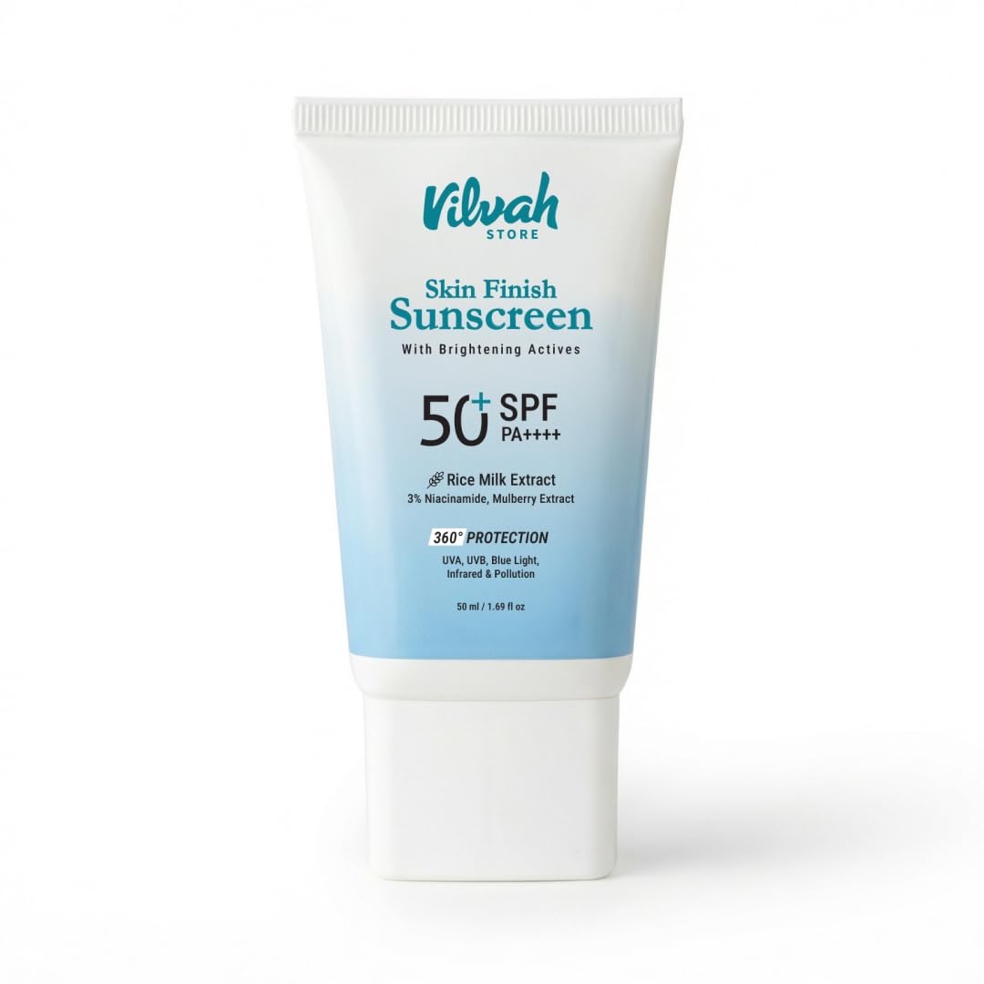 Vilvah Store Skin Finish Sunscreen SPF 50 PA++++ | No White Cast, Water-Resistant Sunscreen | Hydrating, Lightweight, Non-Greasy | UVA & UVB Protection with Natural UV Filters & Rice Milk | Unisex, For All Skin Types | 50g-image-9