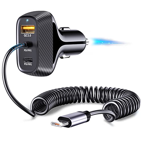 Glangeh Zigarettenanzünder USB C, [3 Häfen] 45W Schnellladung PD&QC3.0&PPS KFZ Auto Ladegerät, USB Zigarettenanzünder Adapter mit 1.6M Schnell Spiral Typ C Kabel, Kompatibel mit iPhone, Galaxy, usw Cover