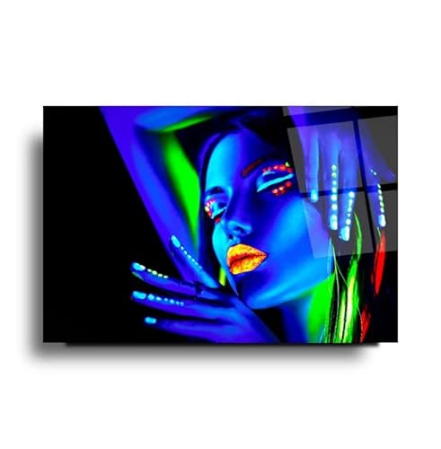 Blue Neon Lady Colorful Night Perfect Modern Fabulous Gift Uv Printing Durable Tempered Glass Wall Art (70X110 Cm (27X43 Inches)) #TOP3