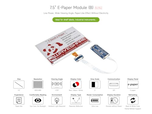 Image of Waveshare 7.5inch E-Paper E-Ink Display Module (B) for Raspberry Pi Pico 800x480 Pixels Red /Black /White SPI Interface