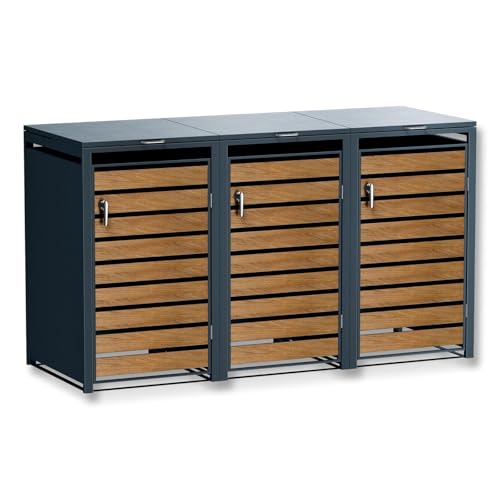 Metzler Mülltonnenbox in Anthrazit & Holzoptik 3er 240L, Mülltonnenverkleidung 3 Tonnen, witterungsbeständiger und pulverbeschichteter Stahl mit Automatikdeckel, abschließbar, Garten- und Müllbox