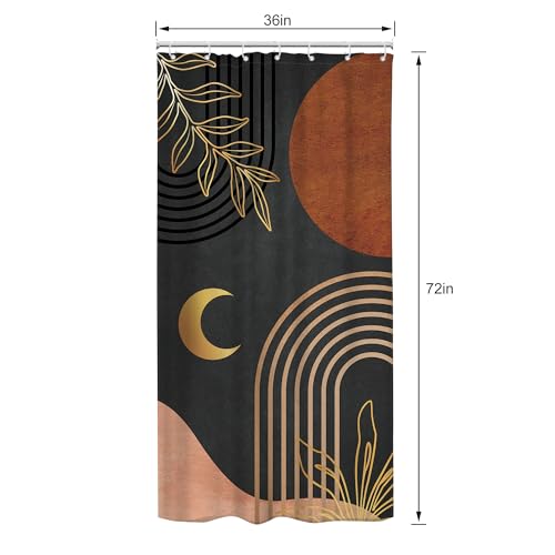 Image of Riyidecor Small Stall Dark Brown Abstract Boho Shower Curtain for Bathroom Decor 36Wx72H Mid Century Minimalist Modern Geometric Gold Palm Leaves Arch Simple Fabric Waterproof Polyester 7 Pack Hooks