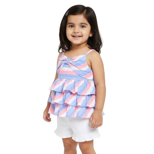 Image of Nautinati Baby Girls Printed Strappy Tiered Top with Shorts Clothing Set | Age 0-3 Years