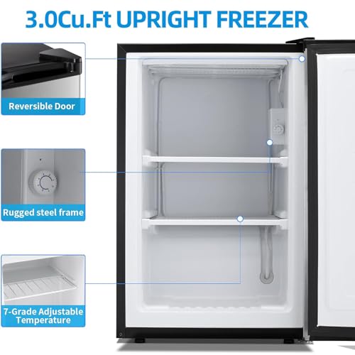 3.0 Cu.ft Upright Freezer, Compact Mini Freezer with Removable Shelves, Adjustable Thermostat, Reversible Door Hinge, Quiet Small Freezer Upright for Home/Office/Kitchen/Dorm (Silver)