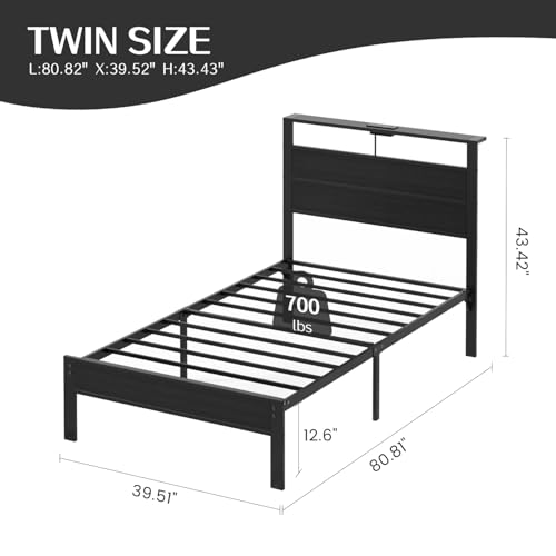 Image of Black Twin Bed Frame with LED Lights and USB Charging Station, Modern Metal Platform Bed with Storage Headboard and Under-Bed Space, Noise Free, Sturdy Frame, No Box Spring Needed, Easy Assembly