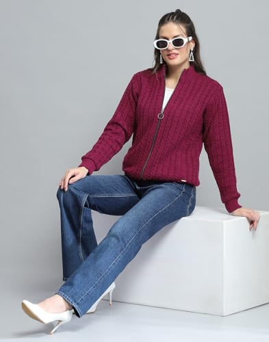 Image of Monte Carlo Womens Self Design Maroon Mock Neck Full Sleeve Jacket