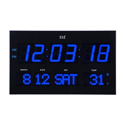 hito 14.2” Large Oversized LED Wall Clock Seconds Date Day Indoor Temperature Adjustable Brightness Memory Function Adapter Included Decorative for Living Room Office Conference Room Bedroom (Blue)