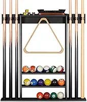 XCSOURCE Apenas suporte para taco de sinuca, suporte de parede para bastões de piscina, 6 bastões de bilhar + conjunto de bolas, feito de madeira de pinho 100% sólida, acessórios de mesa de bilhar