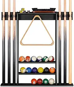 XCSOURCE Apenas suporte para taco de sinuca, suporte de parede para bastões de piscina, 6 bastões de bilhar + conjunto de bolas, feito de madeira de pinho 100% sólida, acessórios de mesa de bilhar