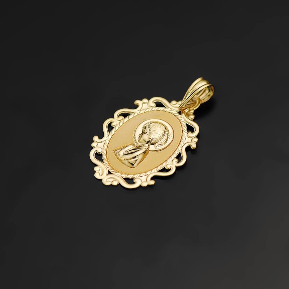 Virgen Niña medalla oro 18k Primera Comunión colgante 23mm. ovalado borde formas combinadas