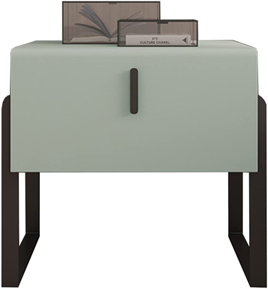 Table de chevet en bois massif beige 50cm avec tiroir unique et cadre en fer forgé