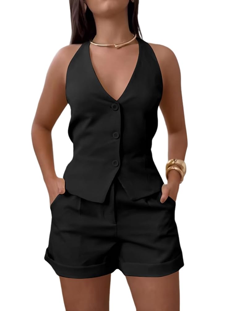 shownicer Tailleur Donna Eleganti Pantaloncini e Gilet Completo Blazer a Senza Maniche 2 Pezzi Tuta in Vita Set in Tinta Unita Pantaloni Corti Due Pezzi Suit