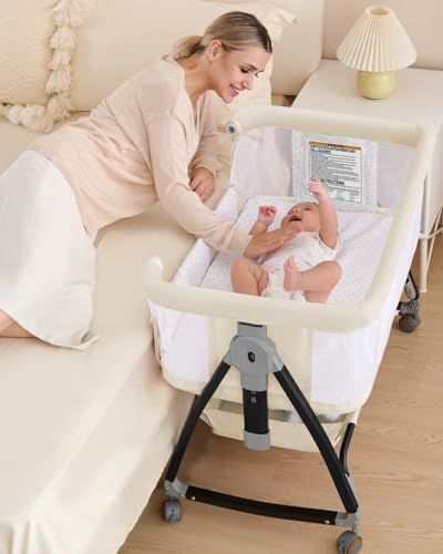 Image of wayfong 3 in 1 Baby Bassinet Crib with Breathable Mesh, Bassinet Bedside Sleeper with Wheels, Mosquito Net, Storage Basket, 6 Height Adjustable, Easy to Assemble, Bassinets for Newborn Baby | Breathable Mesh, Mosquito Net, Large Storage Basket, 6 Height Adjustable, Multi-functional, Easy to Assemble