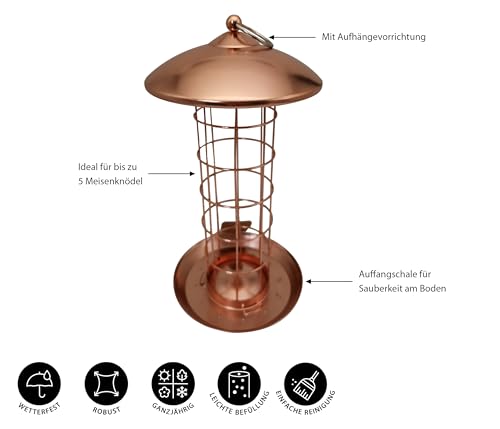 Dehner Natura Premium Wildvogel Meisenknödelsäule Joelle, Futterhaus / Futterstation für Wildvögel, Futterstelle wetterfest, inkl. Aufhängevorrichtung, Ø 16 cm, Höhe 30 cm, Metall, kupfer