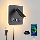 CNMYKYDS LED Wall Lamp Dimming Wall Mounted Reading Lights, Adjustable Headboard Plug in Wall Sconce with USB+USB C Ports, Headboard Bedside Lamp with 6W+3W Night Light 3000K (Black)