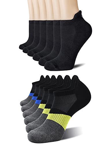Cs Celersport 12 Pairs Ankle Running Socks Athletic Cushion Sport Low Cut Socks，Black*6+Blue&Yellow*6, Large #TOP9