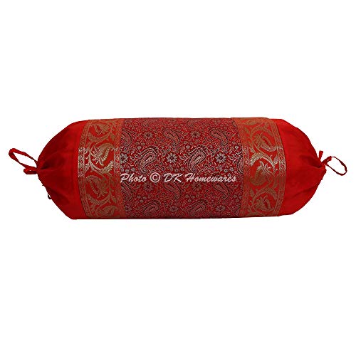 Dk Homewares Indian Jacquard Brocade Silk Bolster Throw Pillow Covers For Bed Cylindrical Hotdog Red Yoga Masand Home Decor Living Room Paisley Traditional Throw Cushion Cover 76X38 Cm - 1 Pc #TOP29