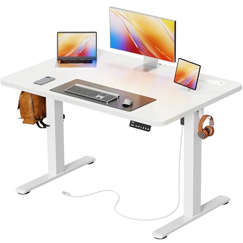 Image of Huuger Electric Standing Desk with Power Outlets and USB-C Port, 39 X 24 Inch Height Adjustable Desk, Sit Stand Desk for Home Office, Computer & Gaming Desk with 4 Presets, Stable Steel Frame, White
