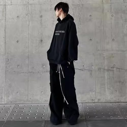 Ro Style Wide Leg Drawstring Black Cargo Pants Unisex Straight Baggy Overalls Men's Streetwear Loose Trousers4