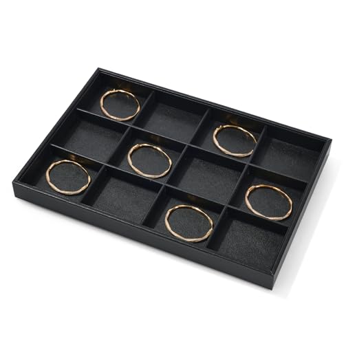12 Grids Black Leather Jewelry Trays Stackable Jewelry Organizer Trays For Drawer Bracelet Earring Display Watches Brooches Display (Black)