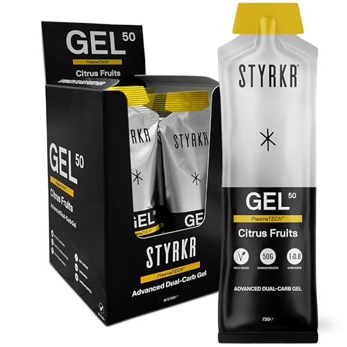 GEL50 Energy Gels by Styrkr - 50g of Carbs - Pack of 12 Citrus Flavoured Energy Gels for Cycling & Running - Approved by Endurance Athletes - Advanced Dual-Carb Formulation - GEL50 Citrus 12x Pack