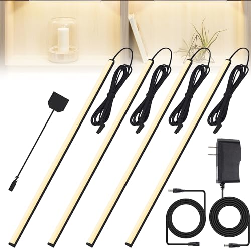 JUSJUBR Black LED Shelf Lights, Display Cabinet Lights with Memory Function, 4 Pack x12 Inch Display Lights for Shelves, LED Lights for Display Cases/Pantry/Closet, Natural White 4000K