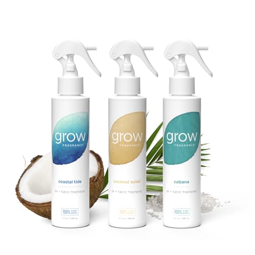 Grow Fragrance Certified Non Toxic 100% Plant Based Fabric and Room Air Freshener Spray. Made with All Natural Essential Oils | Summer 3 Pack (Coconut Soleil Cabana Coastal Tide) 3 x 5oz