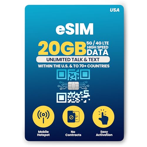 H2O Wireless 30-Day USA eSIM, Prepaid eSIM Card with 20GB High-Speed 4G LTE/5G Data & 5GB Mobile Hotspot, Unlimited Data, Talk & Text to 70+ Countries, US Mobile SIM Card for Cell Phones